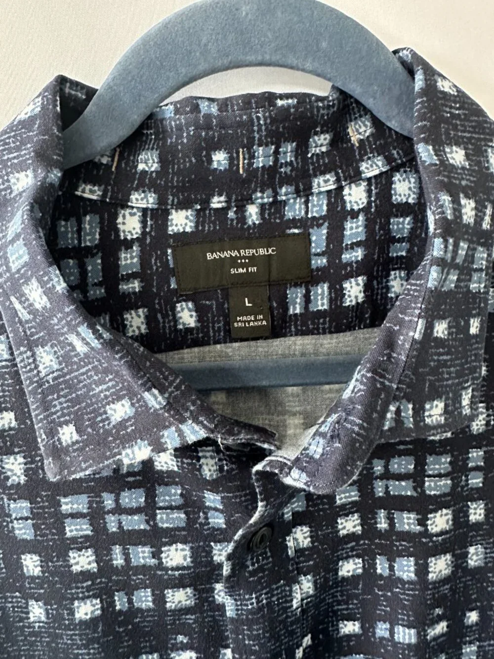 Banana Republic Navy Blue Square Pattern Large Slim Fit Men's Short Sleeve Shirt